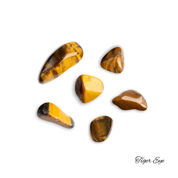 Tiger eye pebbles isolated. Brown polished quartz stones, raw cats eye pebble set, gemstones cabochons vector illustration - Vector, Image