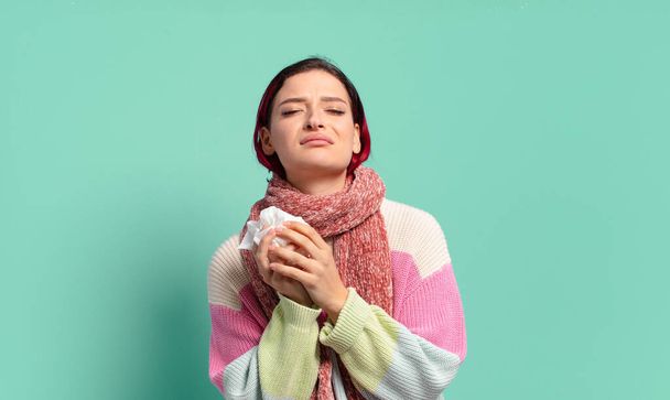 red hair cool ill woman. flu or cough concept - Фото, изображение