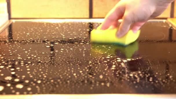 Limpie el detergente de la cocina cocina eléctrica después de limpiar la placa con un detergente - Metraje, vídeo