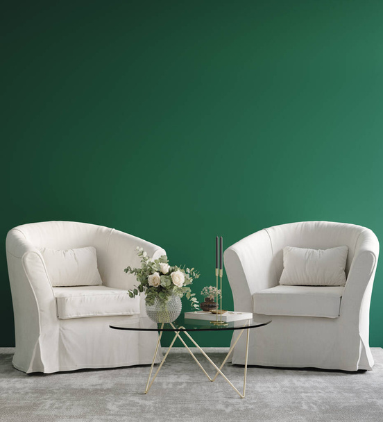 Home interior, luxo moderno escuro sala de estar interior, verde parede vazia simular, 3d render - Foto, Imagem