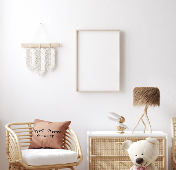 Attrappe im Kinderzimmer mit Korbmöbeln, Boho-Stil an der Küste, 3D-Render - Foto, Bild