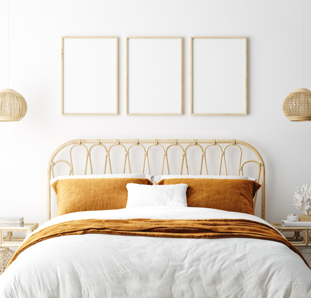 Mockup frame in bedroom interior background, Coastal boho style, 3d render - Photo, Image