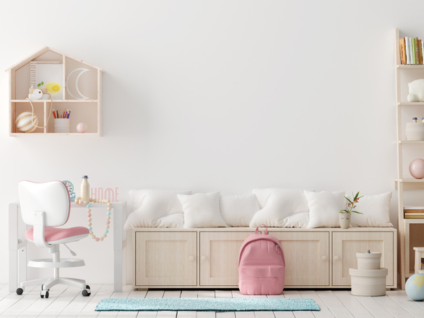 Blanco wand model in gezellige kinderkamer interieur achtergrond, Scandinavische stijl, 3D renderen - Foto, afbeelding