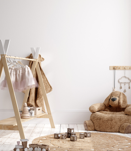Пустая стена макет в уютном интерьере детской, скандинавский стиль, 3D рендеринг - Фото, изображение