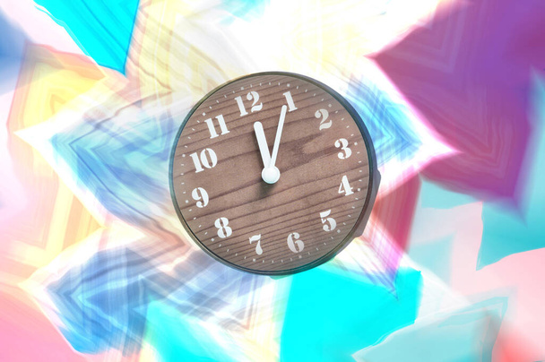 abstrakcyjny czas mijania koncepcja tła zegara drewna kolorowe (różowy, żółty, niebieski, fioletowy, cyjan) fale. - Zdjęcie, obraz