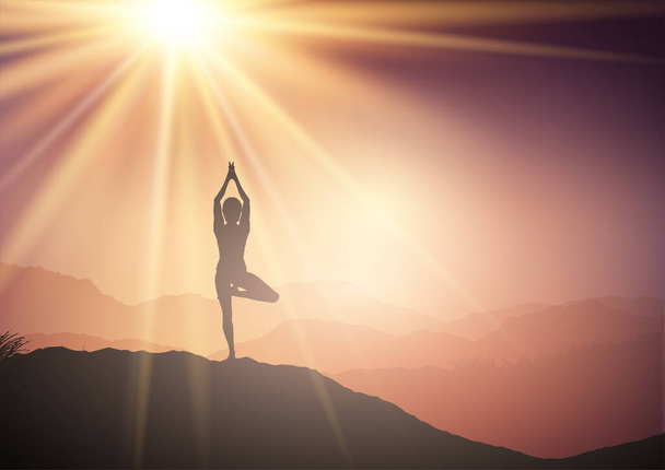 Силуэт женщины в позе йоги в пейзаже заката - Вектор,изображение