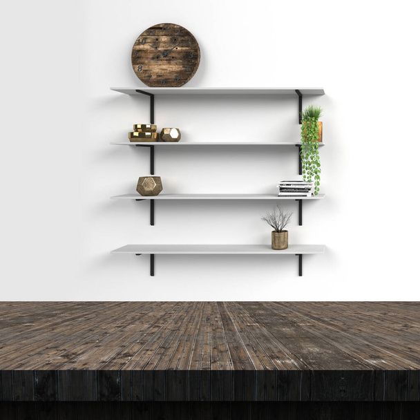 Representación 3D de una mesa de madera con estantes en pared blanca - Foto, Imagen