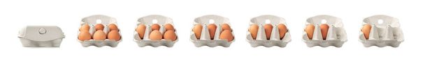 Otwarte pudełko z czterema całymi brązowymi jajkami wyizolowanymi na białym tle ze ścieżką wycinania. Świeże organiczne jaja kurze w opakowaniu tekturowym lub w pojemniku na jaja - Zdjęcie, obraz