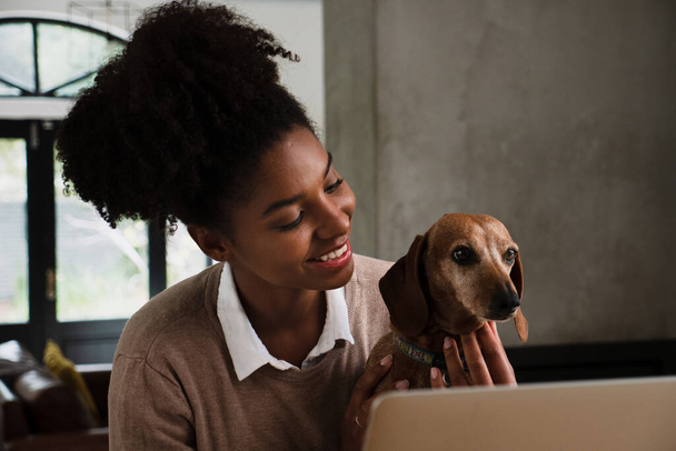 Modern mutfakta dizüstü bilgisayarın önünde oturan sevimli yavru köpekle oynayan güzel bir kız portresi. - Fotoğraf, Görsel