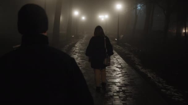 Man achtervolgt de vrouw 's nachts in een stadspark - Video