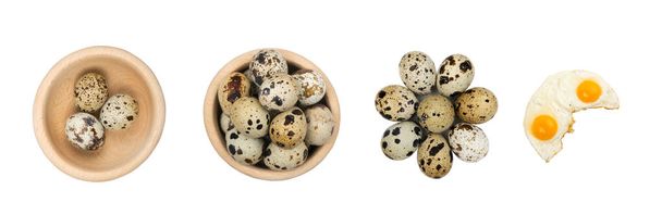 Набір перепелиних яєць ізольовано. Маленькі цілі сирі яйця та смажене яйце з місцем для тексту
 - Фото, зображення