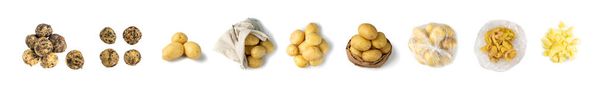 Joukko raaka peruna eristetty valkoisella pohjalla. Keltaiset bioperunat ekopaperipusseissa ja muovipusseissa - Valokuva, kuva