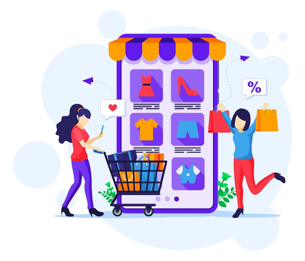 Online shopping concept. Happy young women buying products in online application store vector illustration - Vector, Image