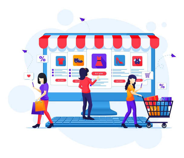 Koncepcja zakupów online, Ludzie kupujący produkty w sklepie internetowym płaski wektor ilustracji - Wektor, obraz