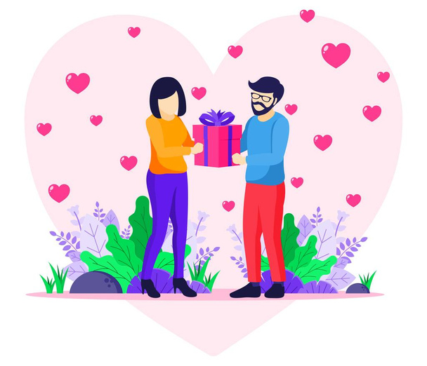 Liefdevolle man geeft cadeau aan vrouw. Paar viert Valentijnsdag illustratie - Vector, afbeelding