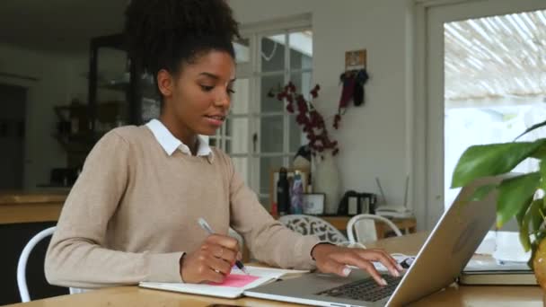 Молода змішана жінка гонки з афро працює з дому перед ноутбуком
 - Кадри, відео