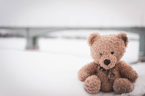 El oso de juguete fue dejado en el invierno en el parque infantil. - Foto, imagen