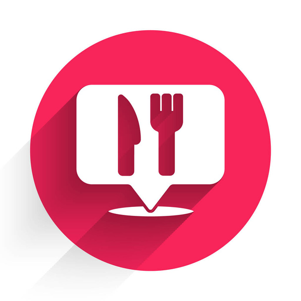 Café Branco e ícone de localização restaurante isolado com sombra longa. Fork and spoon eatery sign inside pinpoint. Botão de círculo vermelho. Vetor.. - Vetor, Imagem