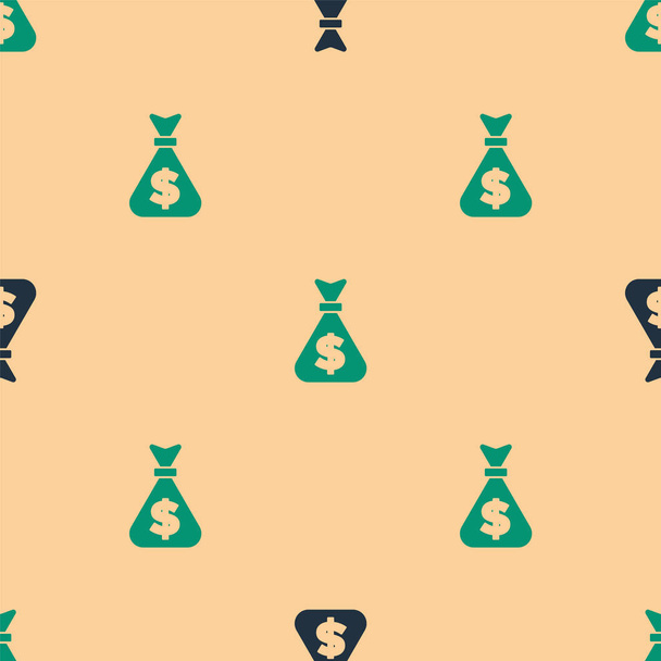 Grüner und schwarzer Geldbeutel mit isoliertem nahtlosen Muster auf beigem Hintergrund. Dollar oder USD-Symbol. Cash Banking Währungszeichen. Vektor. - Vektor, Bild