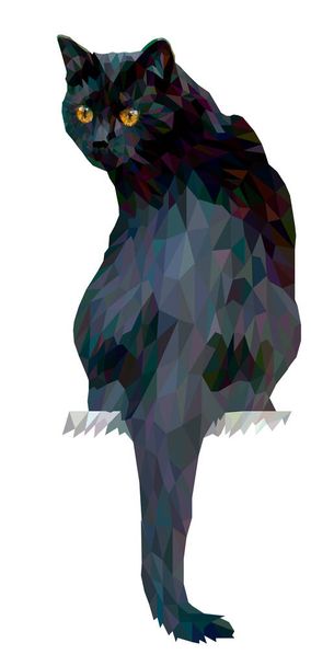The black cat sits with its back to us half-turned. The pet's head is turned to the left, yellow eyes look into the distance, the tail hangs down. Low poly. Isolated. Vector, eps10. - Vector, Image