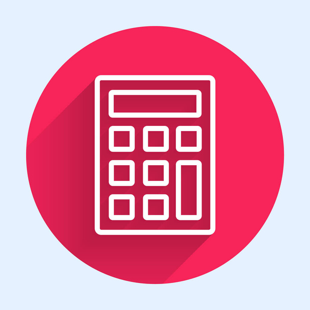 White line Calculator icon isolated with long shadow. Accounting symbol. Business calculations mathematics education and finance. Red circle button. Vector. - Vector, Image