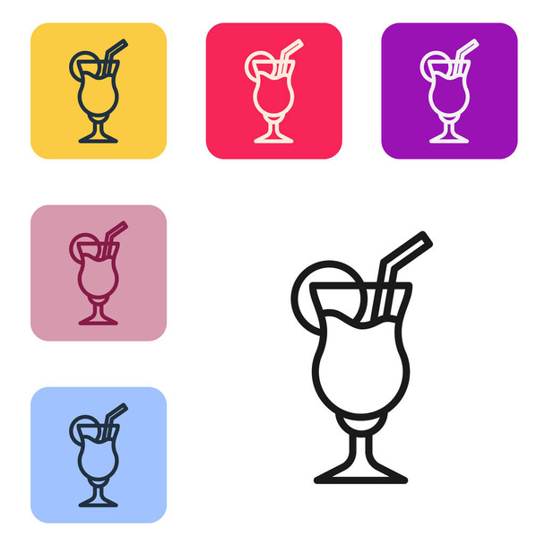 Schwarze Linie Cocktail und Alkoholgetränk Symbol isoliert auf weißem Hintergrund. Setzen Sie Symbole in farbigen quadratischen Tasten. Vektor. - Vektor, Bild