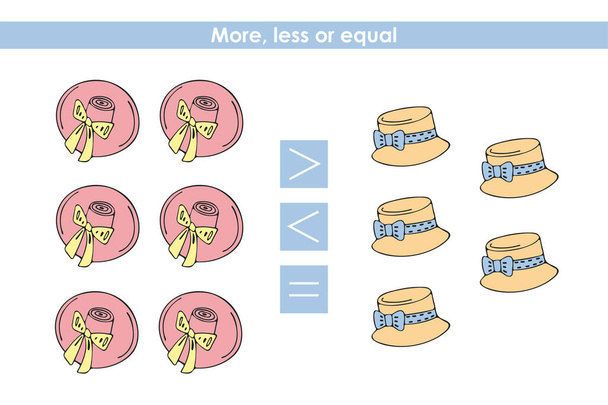 Περισσότερο, λιγότερο ή ίσο, συγκρίνετε τον αριθμό των καπέλων. Μετρώντας το παιχνίδι. Εκπαιδευτικό παιχνίδι μαθηματικών για παιδιά. Πρακτικό φύλλο εργασίας για προσχολικής ηλικίας. Εικονογράφηση διανύσματος. - Διάνυσμα, εικόνα