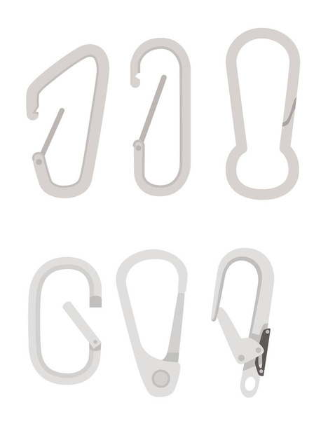 Set aus Metall-Kletterkarabiner und Klauenverschlüssen alpine Kletterausrüstung flache Vektordarstellung isoliert auf weißem Hintergrund - Vektor, Bild