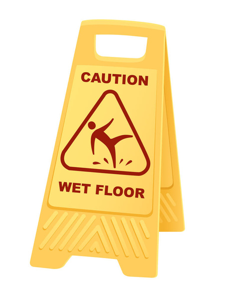 黄色の警告サインは、白い背景に隔離された落下男のアイコンフラットベクトルイラストと湿った床のサインを注意 - ベクター画像