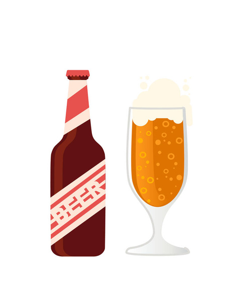 Botella de cerveza marrón con etiqueta y taza de vidrio cerveza alcohol bebida vector ilustración sobre fondo blanco - Vector, imagen