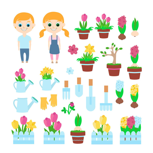 Set lente en tuin: kinderen, tulpen, bloempotten, decoratieve hekken, narcissen, hyacinten en hun bol, een gieter en gieter met bloemen, keramische potten, harken, schoppen. - Vector, afbeelding