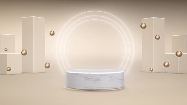 3d render pódio feito de mármore com uma moldura de ouro e anéis de néon, contra um fundo de caixas e voar bolas douradas - Filmagem, Vídeo