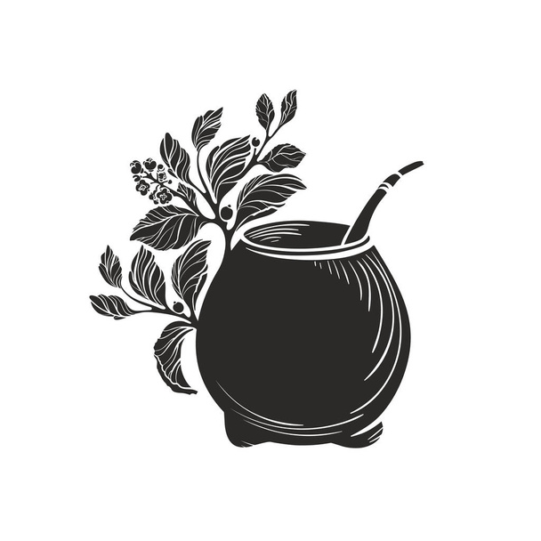 Yerba mate with calabash bowl. Black symbol. Vector shape of nature branch, leaves, texture cup. Art illustration isolated on white background. Healthy traditional tea drink - Vector, Image