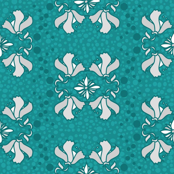 Turkusowy i szary wektor powtarzalny klasyczny wzór kwiatowy w symetrycznym układzie z dekoracyjnymi elementami kropkowymi i zdobieniami - Wektor, obraz
