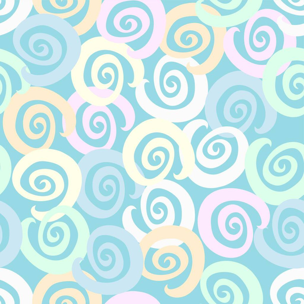 Vector repeating pastel colored swirls background texture pattern in multicolor scattered on a blue backdrop - Vector, Image