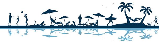 Mensen spelen op het strand en zonnebaden onder een paraplu. Overvolle mensen silhouetten op het strand. Hotel en Zomer toerisme vector illustratie. - Vector, afbeelding