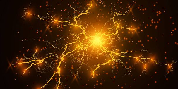 Realistic lightning bolts on a black transparent background. the charge of energy is powerful. Accumulation of electric orange and blue charges. A natural phenomenon. Magic effect. - Vector, Image