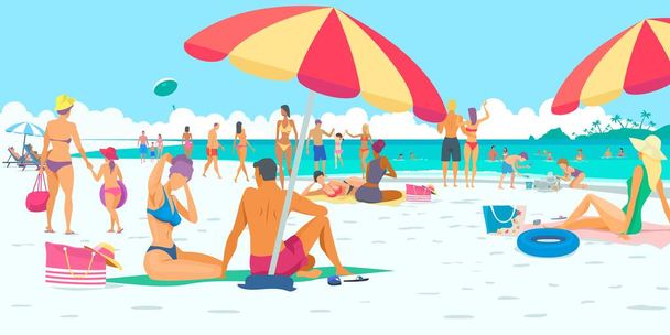 Летние каникулы, люди на пляже. Отпуск, море, песок, солнце и небо. Толпа людей плавает и загорает на пляже. Векторная иллюстрация - Вектор,изображение