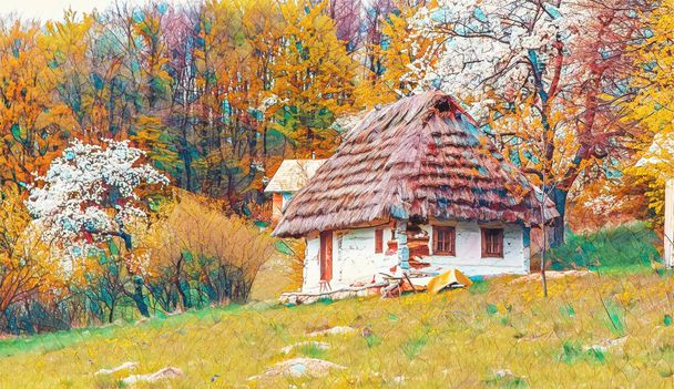 starý přírodní styl dřevěná chata se slaměnou střechou v lesní krajině. - Fotografie, Obrázek