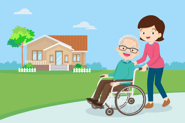 Młoda kobieta spacerująca ze starszym mężczyzną na wózku inwalidzkim, opieka pielęgniarska nad osobami niepełnosprawnymi i koncepcja osób starszych. Pacjenci w podeszłym wieku na spacerze potrzebują opieki medycznej - Wektor, obraz