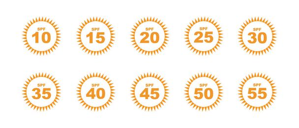 Συλλογή από εικονίδια προστασίας SPF με ήλιους. Σύμβολα UV μπλοκ, σημάδια αντηλιακό, σιλουέτες. Αντιηλιακό στοιχείο περιποίησης δέρματος, ετικέτες συσκευασίας καλλυντικών με SPF από 10 έως 55 εικονογράμματα - Διάνυσμα, εικόνα