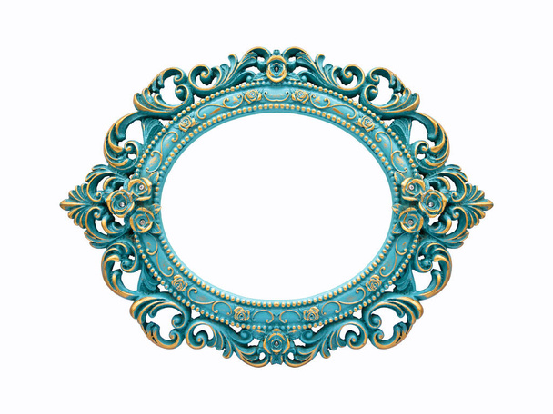Turquoise and gold gilded carved oval frame, isolated on white background - Photo, Image