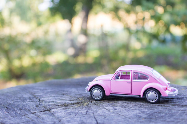 木の切り株にピンクのおもちゃの車 - 写真・画像
