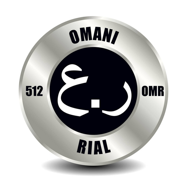 Ikona pieniądza Omanu odizolowana na srebrnej monecie. Znak wektorowy symbolu waluty z międzynarodowym kodem ISO i skrótem - Wektor, obraz
