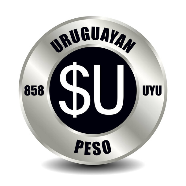 Uruguayn rahaikoni eristettynä pyöreään hopearahaan. Valuuttasymbolin vektorimerkki, jolla on kansainvälinen ISO-koodi ja lyhenne - Vektori, kuva