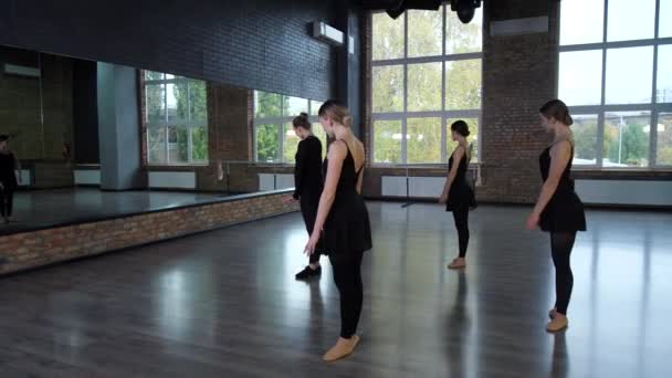 Κομψοί χορευτές μπαλέτου κατά τη διάρκεια μαθημάτων στην αίθουσα χορού - Πλάνα, βίντεο