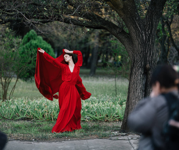 Mulher de vestido vermelho perto de uma árvore posando na natureza - Foto, Imagem