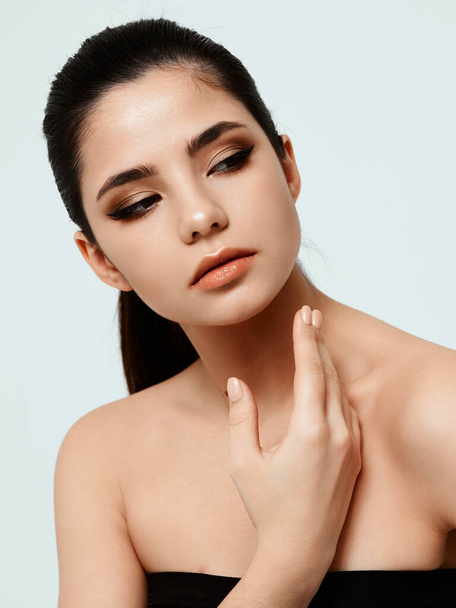 Woman in black dress nude adhesive makeup model - Zdjęcie, obraz