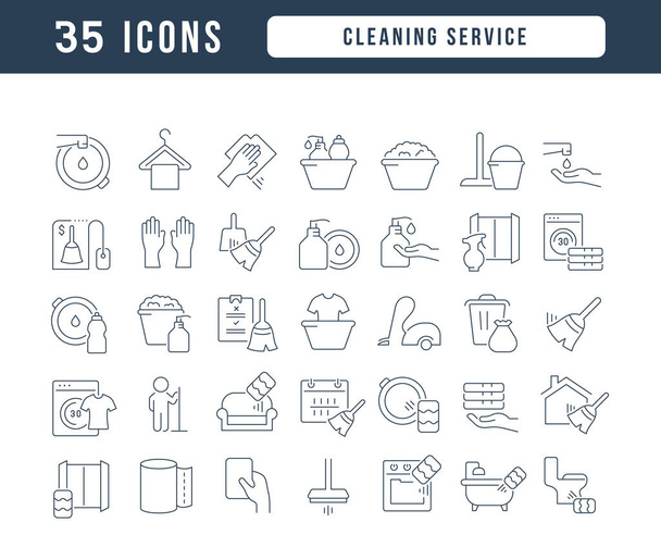 Servicio de limpieza. Colección de iconos perfectamente delgados para el diseño web, la aplicación y los proyectos más modernos. El kit de letreros para la categoría Negocios. - Vector, Imagen
