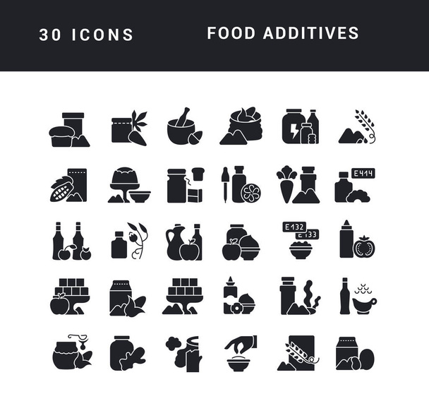 Dodatki do żywności. Kolekcja doskonale prostych monochromatycznych ikon do projektowania stron internetowych, aplikacji i najnowocześniejszych projektów. Uniwersalny pakiet znaków klasycznych dla kategorii Żywność i napoje. - Wektor, obraz